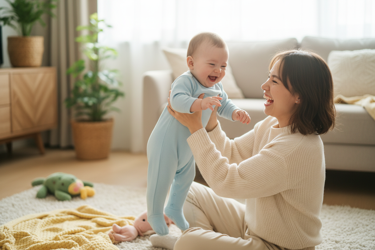 Maman jouant joyeusement avec son bébé
